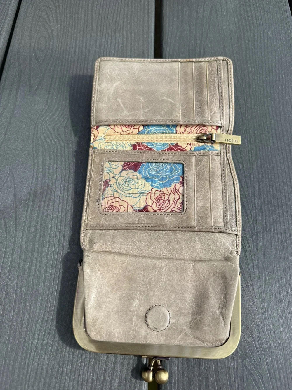 HOBO Taupe Leather Kiss-Lock Wallet with Brass Frame